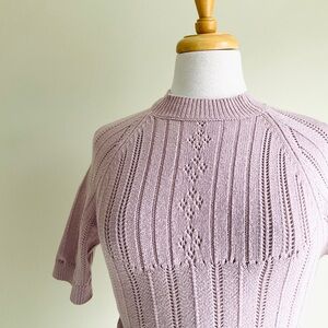 Free People Dusty Pink Ribbed Eyelet Short Sleeve Sweater with Open Back Design